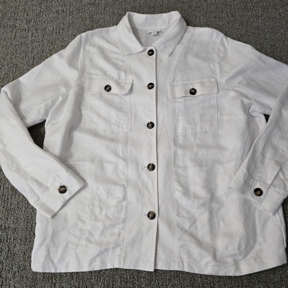 J Jill Linen Blend Utility Jacket White Button Front Shacket Womens Large‎ L